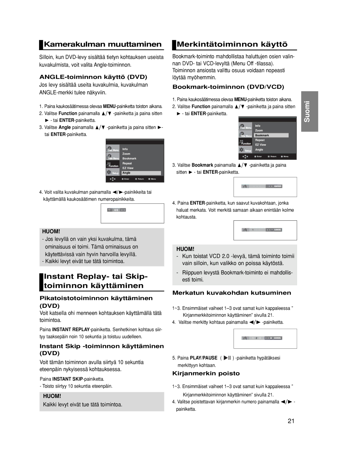 Samsung DVD-HD860/XEE Kamerakulman muuttaminen, Merkintätoiminnon käyttö, Instant Replay- tai Skip- toiminnon käyttäminen 