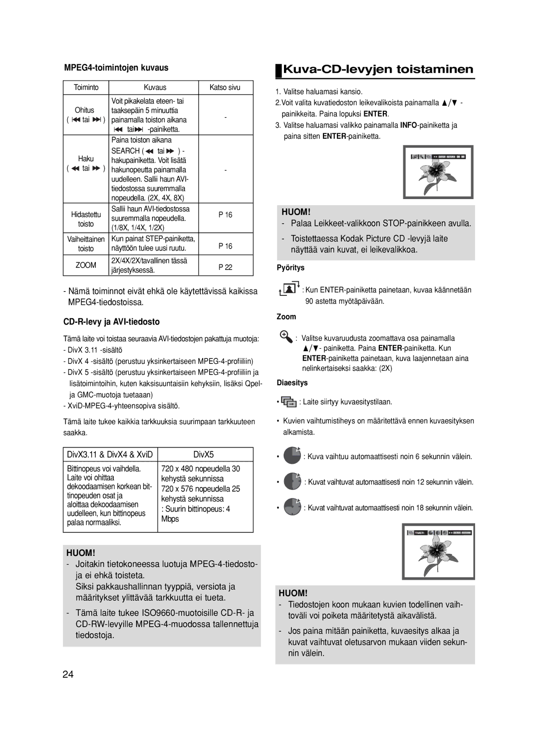 Samsung DVD-HD860/XEE manual Kuva-CD-levyjen toistaminen, MPEG4-toimintojen kuvaus, CD-R-levy ja AVI-tiedosto, Pyöritys 