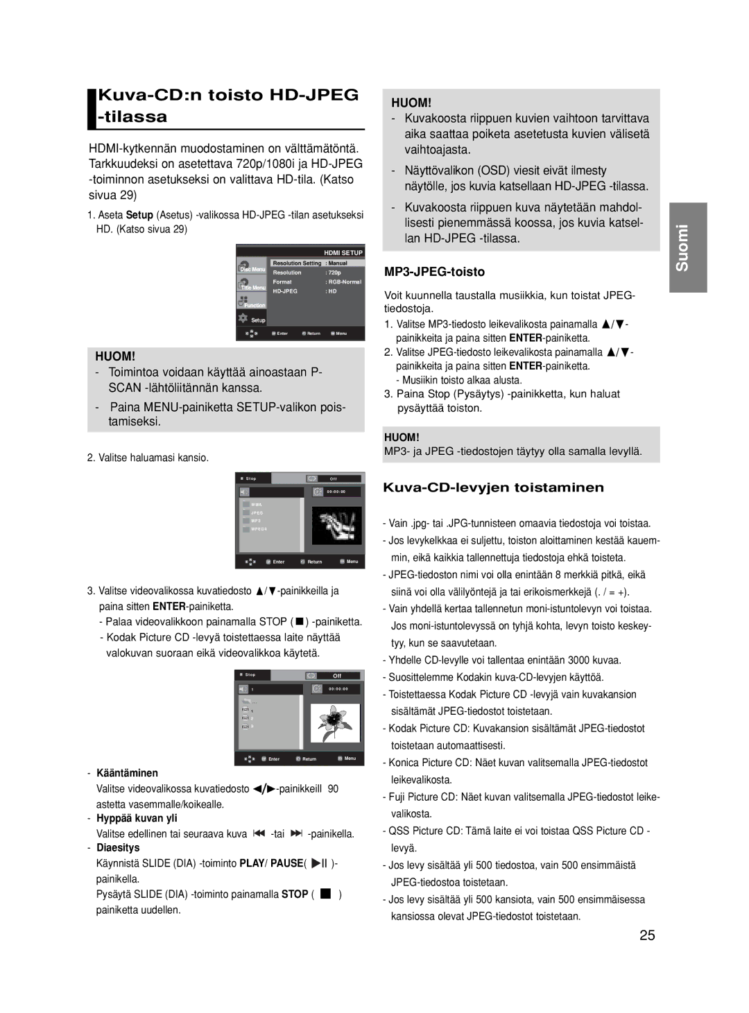 Samsung DVD-HD860/XEE manual Kuva-CDn toisto HD-JPEG -tilassa, MP3-JPEG-toisto, Kuva-CD-levyjen toistaminen, Huom 