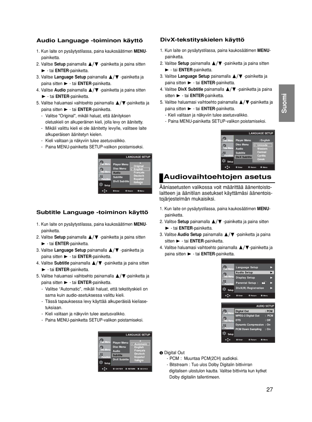 Samsung DVD-HD860/XEE manual Audiovaihtoehtojen asetus, Audio Language -toiminon käyttö, Subtitle Language -toiminon käyttö 