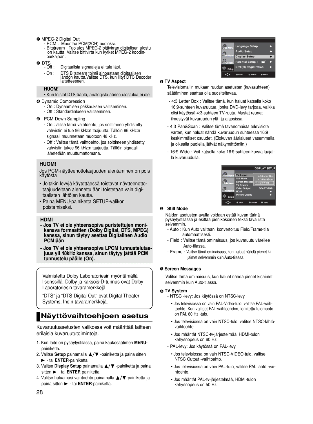 Samsung DVD-HD860/XEE Näyttövaihtoehjoen asetus, Tai ENTER-painiketta Valitse Display Setup painamalla ,  -painiketta ja 