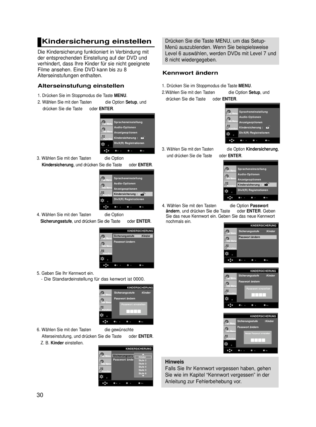 Samsung DVD-HD860/XEH, DVD-HD860/XEG manual Kindersicherung einstellen, Alterseinstufung einstellen, Kennwort ändern 