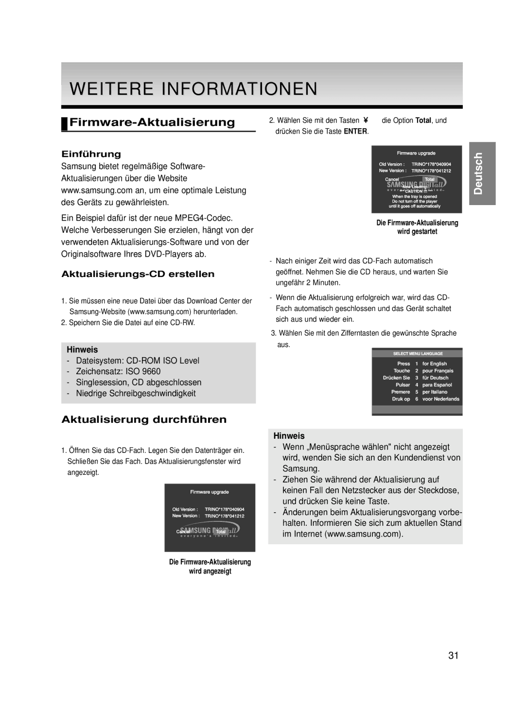 Samsung DVD-HD860/XEG manual Weitere Informationen, Firmware-Aktualisierung, Aktualisierungs-CD erstellen, Wird angezeigt 