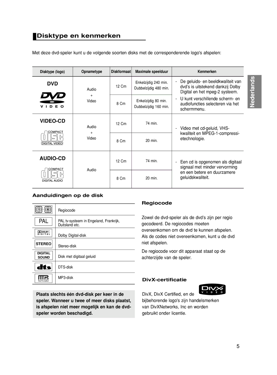 Samsung DVD-HD860/XEC, DVD-HD860/XEG, DVD-HD860/XET, DVD-HD860/XEL, DVD-HD860/FOU, DVD-HD860/XEH manual Disktype en kenmerken 