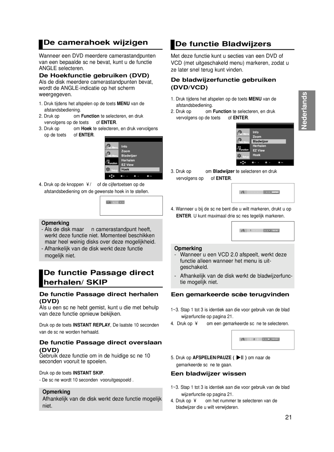 Samsung DVD-HD860/XET manual De camerahoek wijzigen, De functie Passage direct herhalen/ Skip, De functie Bladwijzers 