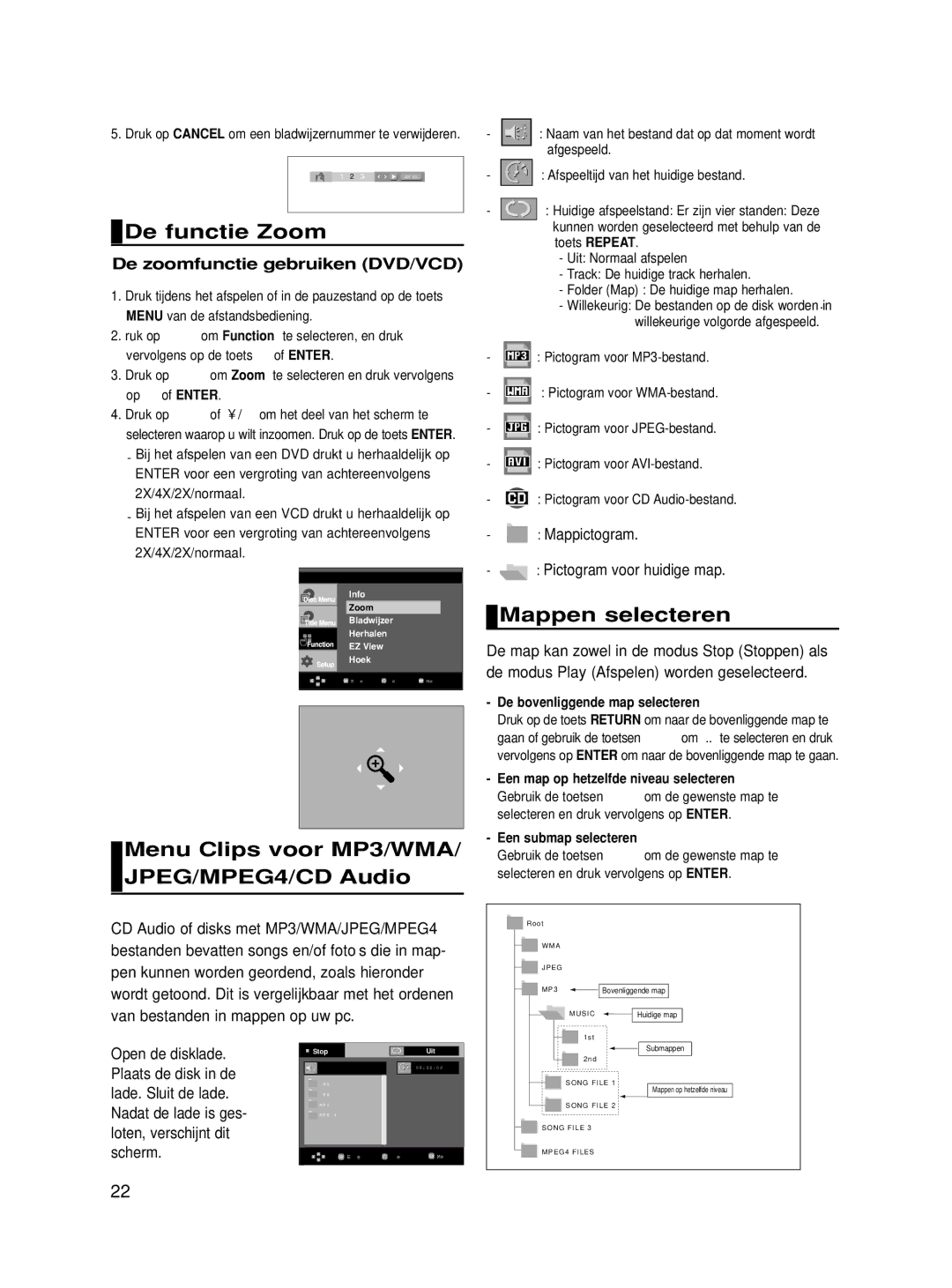 Samsung DVD-HD860/XEL, DVD-HD860/XEG manual De functie Zoom, Menu Clips voor MP3/WMA/ JPEG/MPEG4/CD Audio, Mappen selecteren 