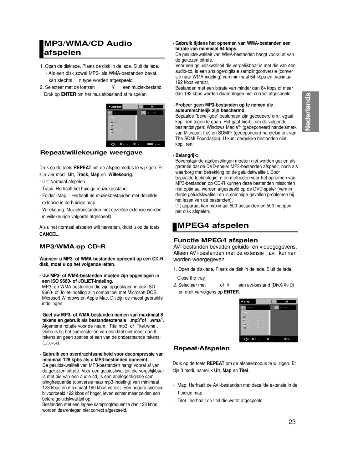 Samsung DVD-HD860/XEC, DVD-HD860/XEG, DVD-HD860/XET, DVD-HD860/XEL, DVD-HD860/FOU MP3/WMA/CD Audio afspelen, MPEG4 afspelen 