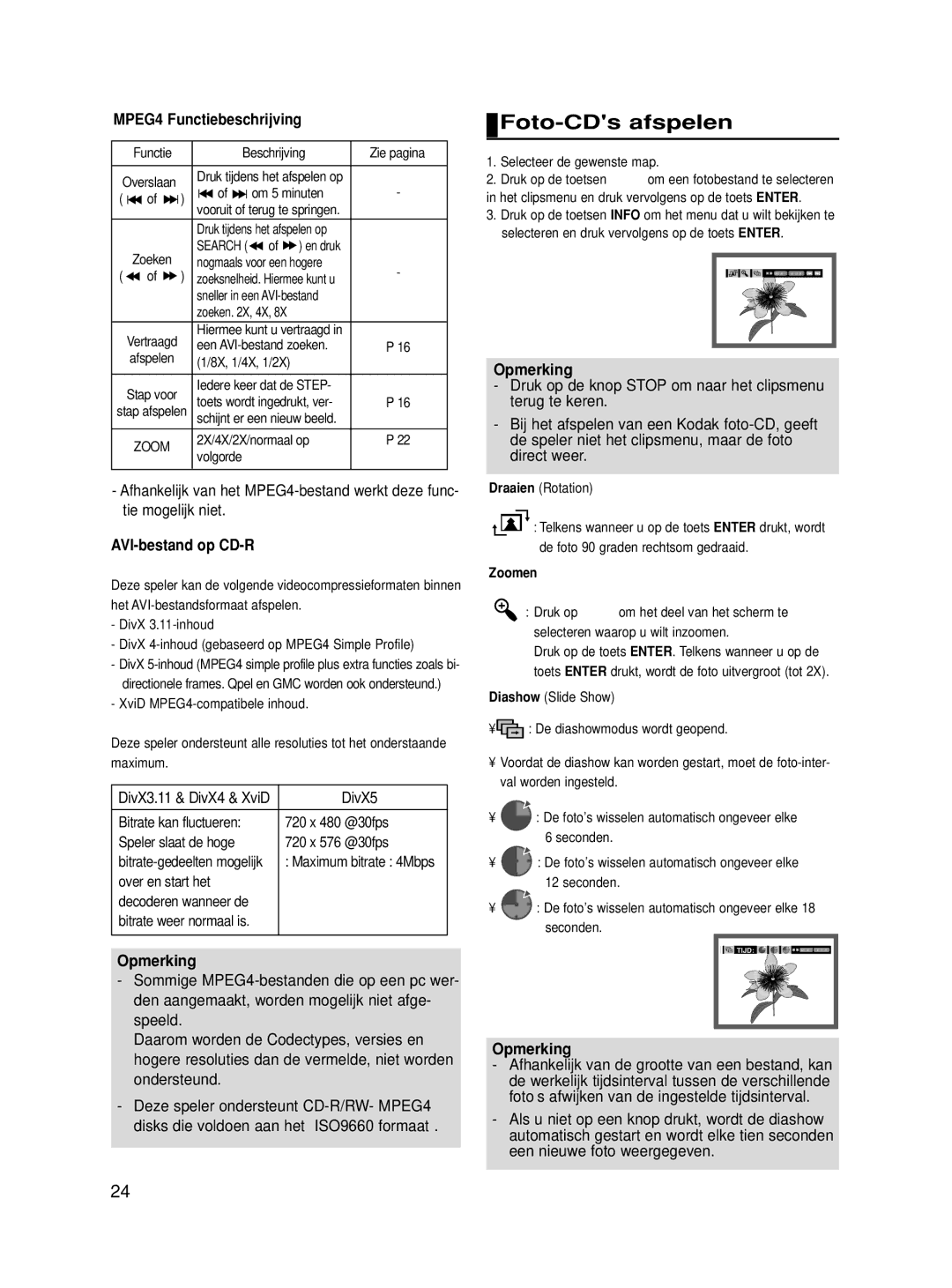 Samsung DVD-HD860/FOU, DVD-HD860/XEG manual Foto-CDs afspelen, MPEG4 Functiebeschrijving, AVI-bestand op CD-R, Zoomen 