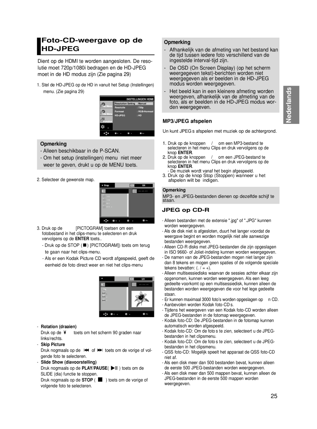 Samsung DVD-HD860/XEH manual Foto-CD-weergave op de, Alleen beschikbaar in de P-SCAN, MP3/JPEG afspelen, Jpeg op CD-R 