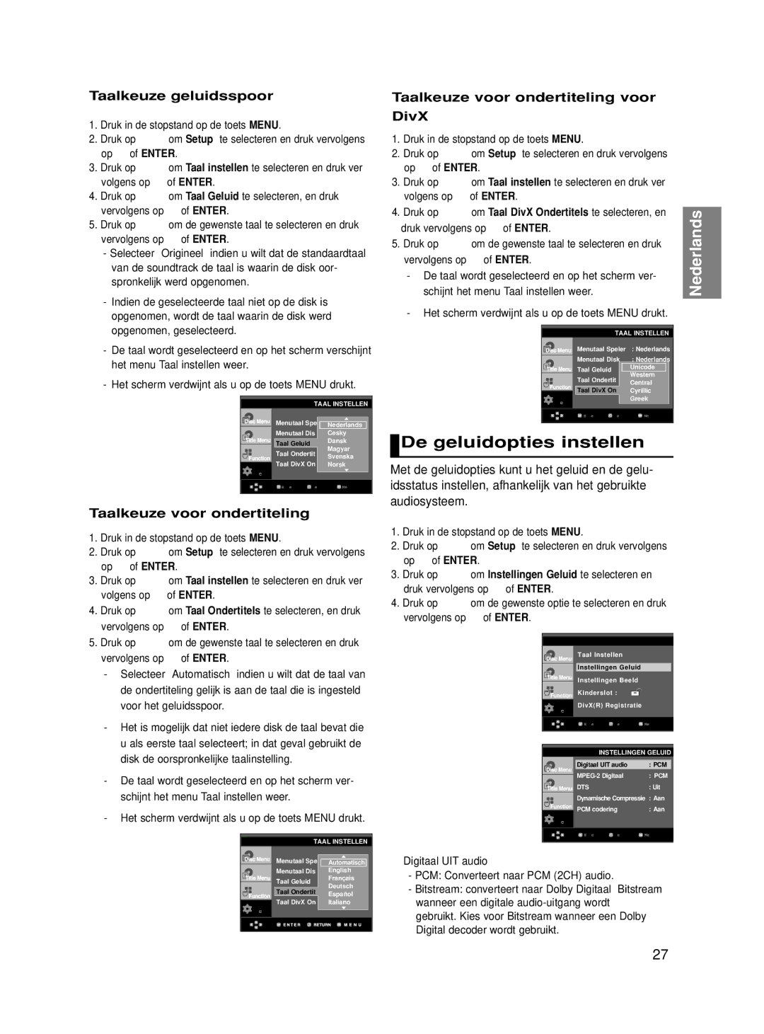 Samsung DVD-HD860/XET, DVD-HD860/XEG manual De geluidopties instellen, Taalkeuze geluidsspoor, Taalkeuze voor ondertiteling 