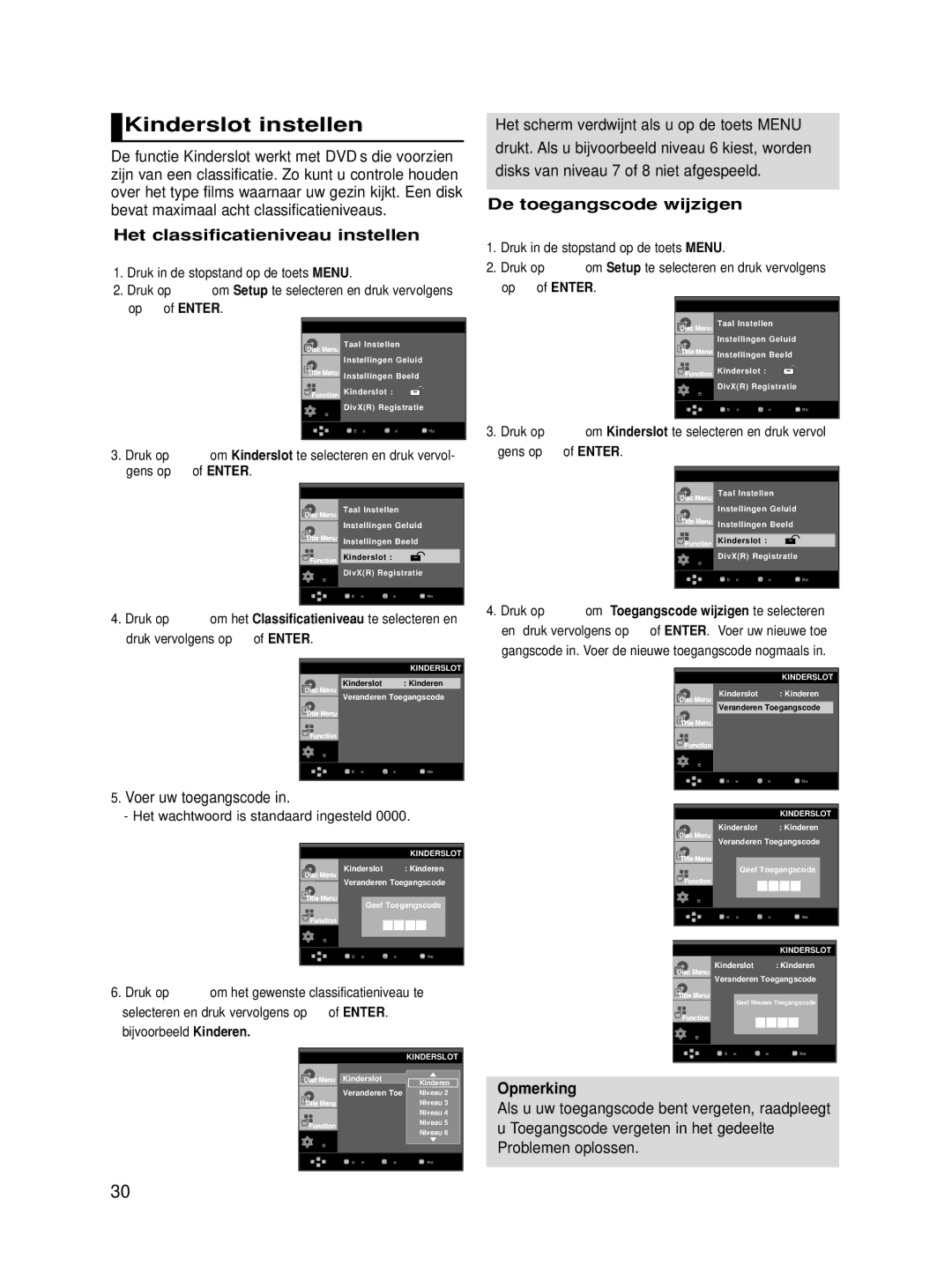 Samsung DVD-HD860/FOU, DVD-HD860/XEG Kinderslot instellen, Het classificatieniveau instellen, De toegangscode wijzigen 