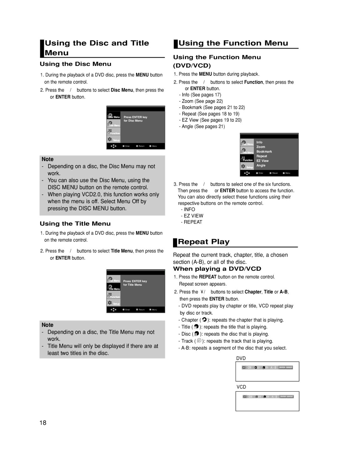 Samsung DVD-HD860/XEG, DVD-HD860/XET, DVD-HD860/XEL Using the Disc and Title Menu, Using the Function Menu, Repeat Play 