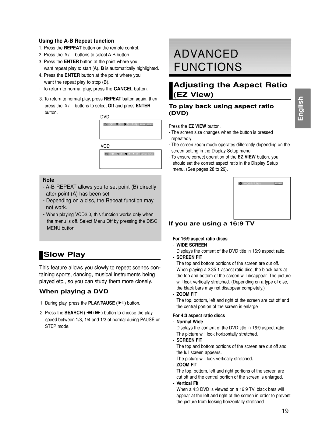 Samsung DVD-HD860/XET, DVD-HD860/XEG, DVD-HD860/XEL manual Advanced Functions, Adjusting the Aspect Ratio EZ View, Slow Play 