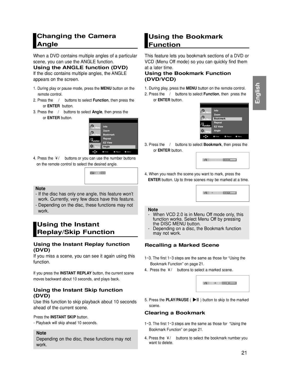 Samsung DVD-HD860/XEC manual Changing the Camera Angle, Using the Bookmark Function, Using the Instant Replay/Skip Function 