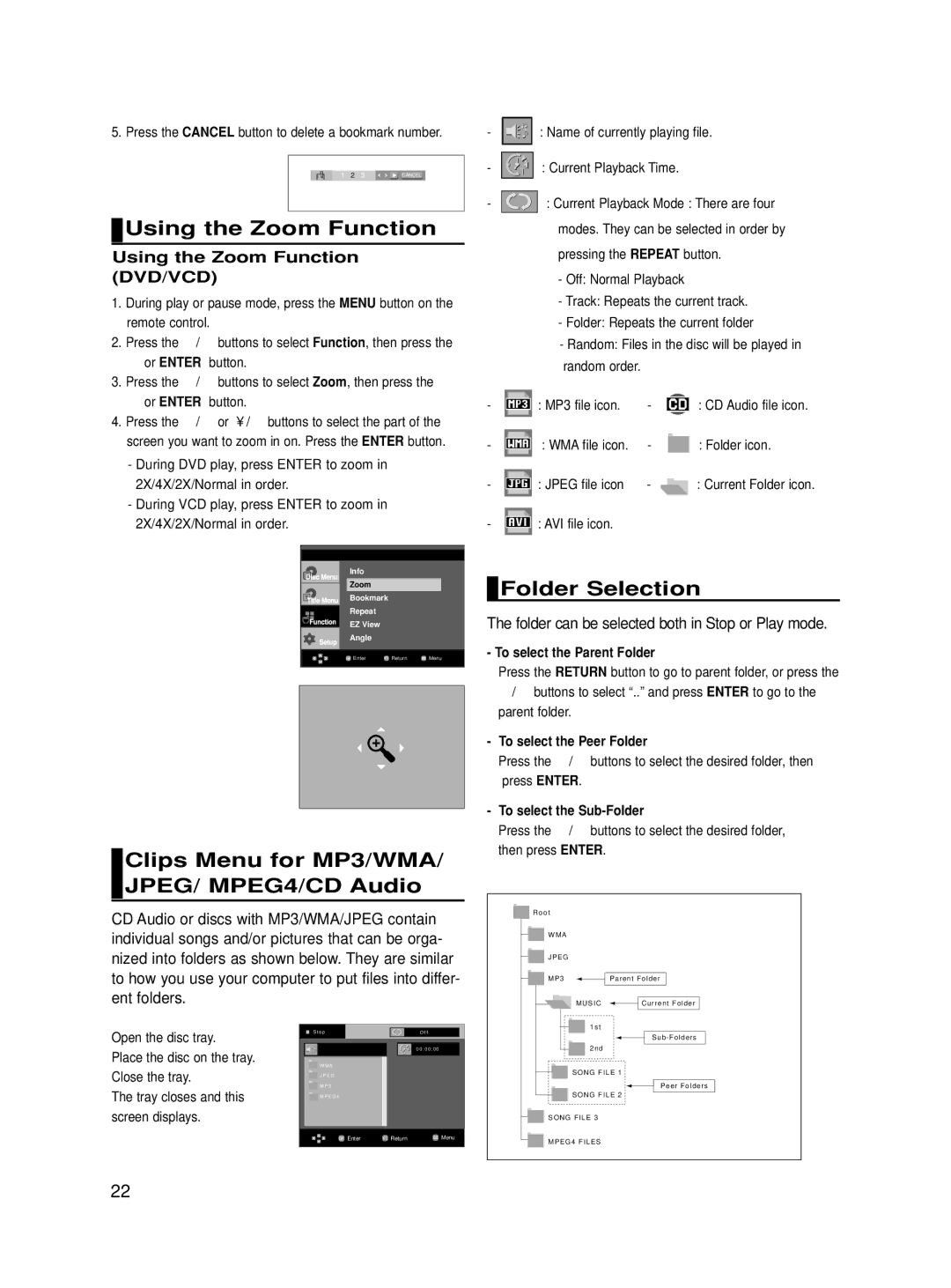 Samsung DVD-HD860/FOU manual Using the Zoom Function, Clips Menu for MP3/WMA/ JPEG/ MPEG4/CD Audio, Folder Selection 