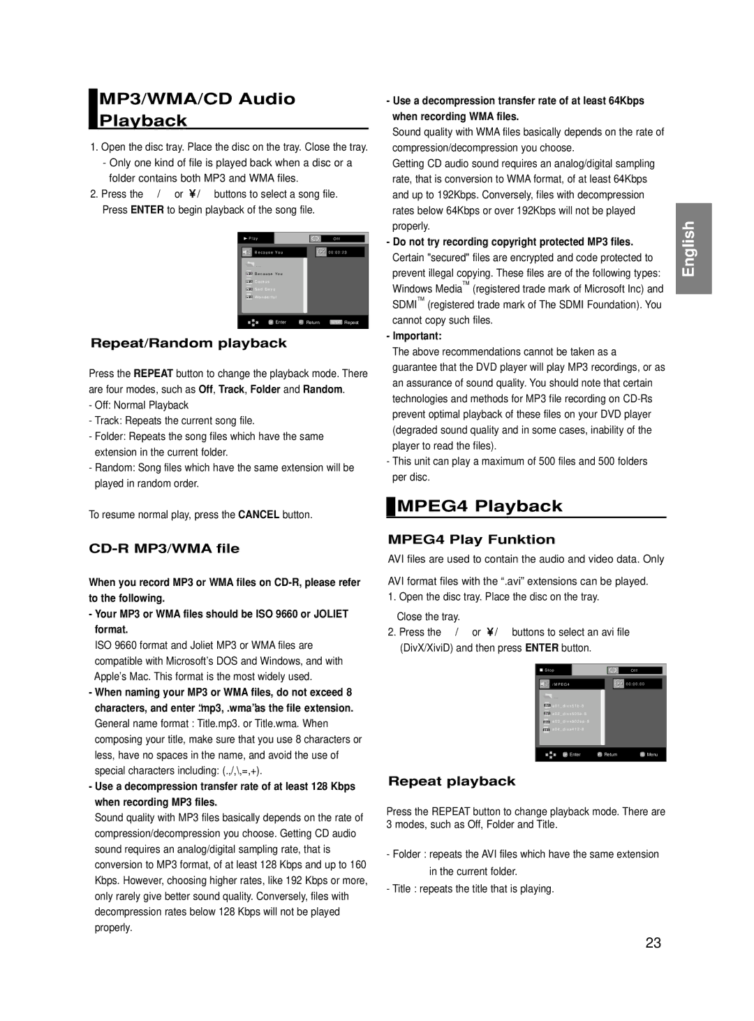 Samsung DVD-HD860/XEH, DVD-HD860/XEG, DVD-HD860/XET, DVD-HD860/XEL, DVD-HD860/XEC MP3/WMA/CD Audio Playback, MPEG4 Playback 