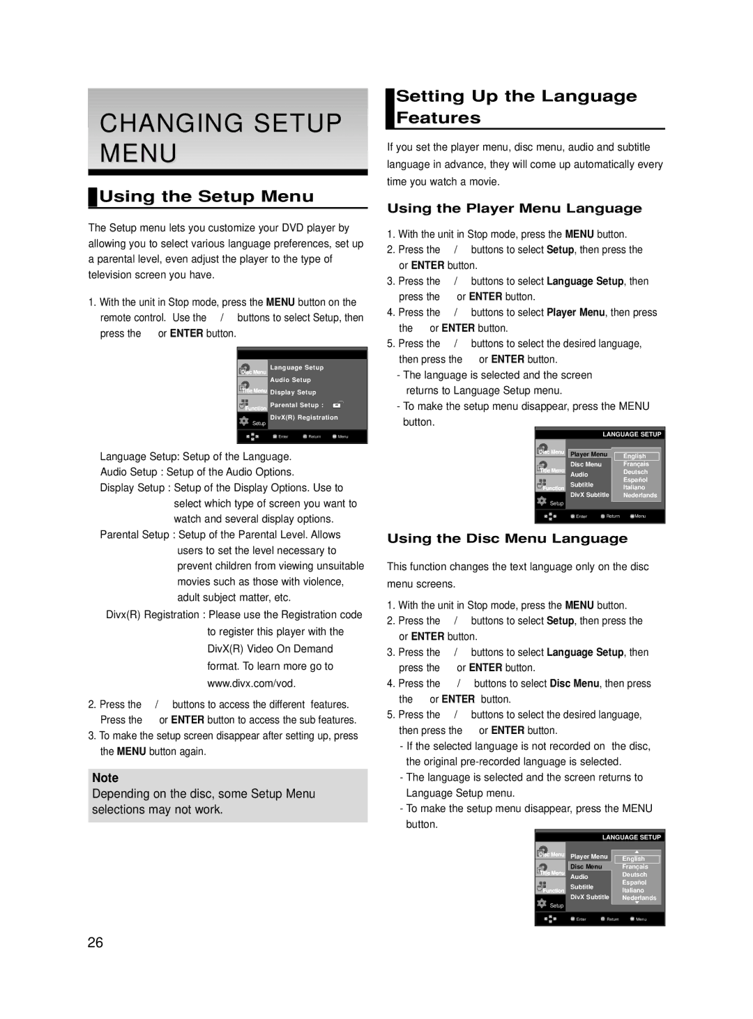 Samsung DVD-HD860/XEL, DVD-HD860/XEG manual Changing Setup Menu, Using the Setup Menu, Setting Up the Language Features 