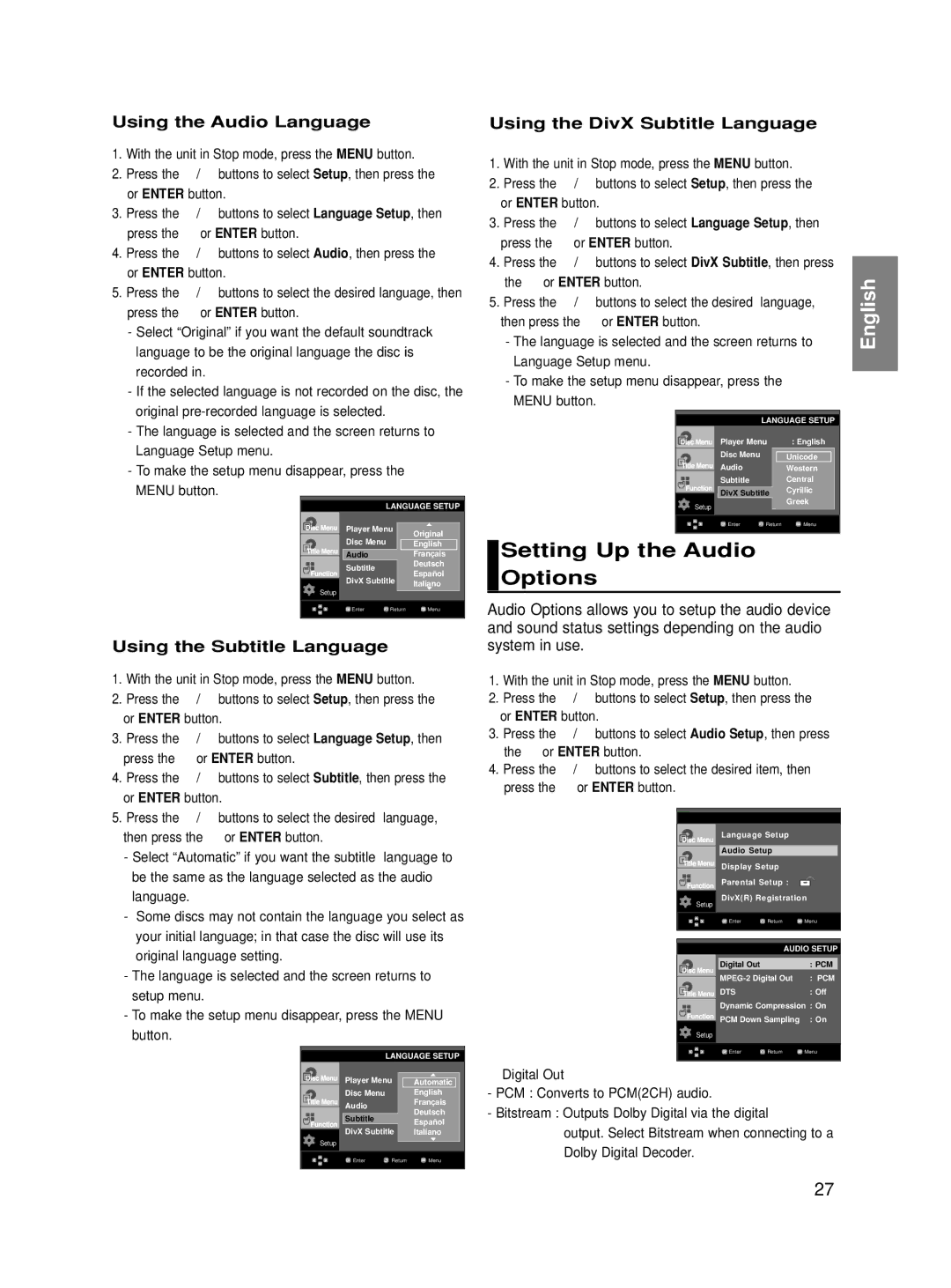 Samsung DVD-HD860/XEC, DVD-HD860/XEG Setting Up the Audio Options, Using the Audio Language, Using the Subtitle Language 