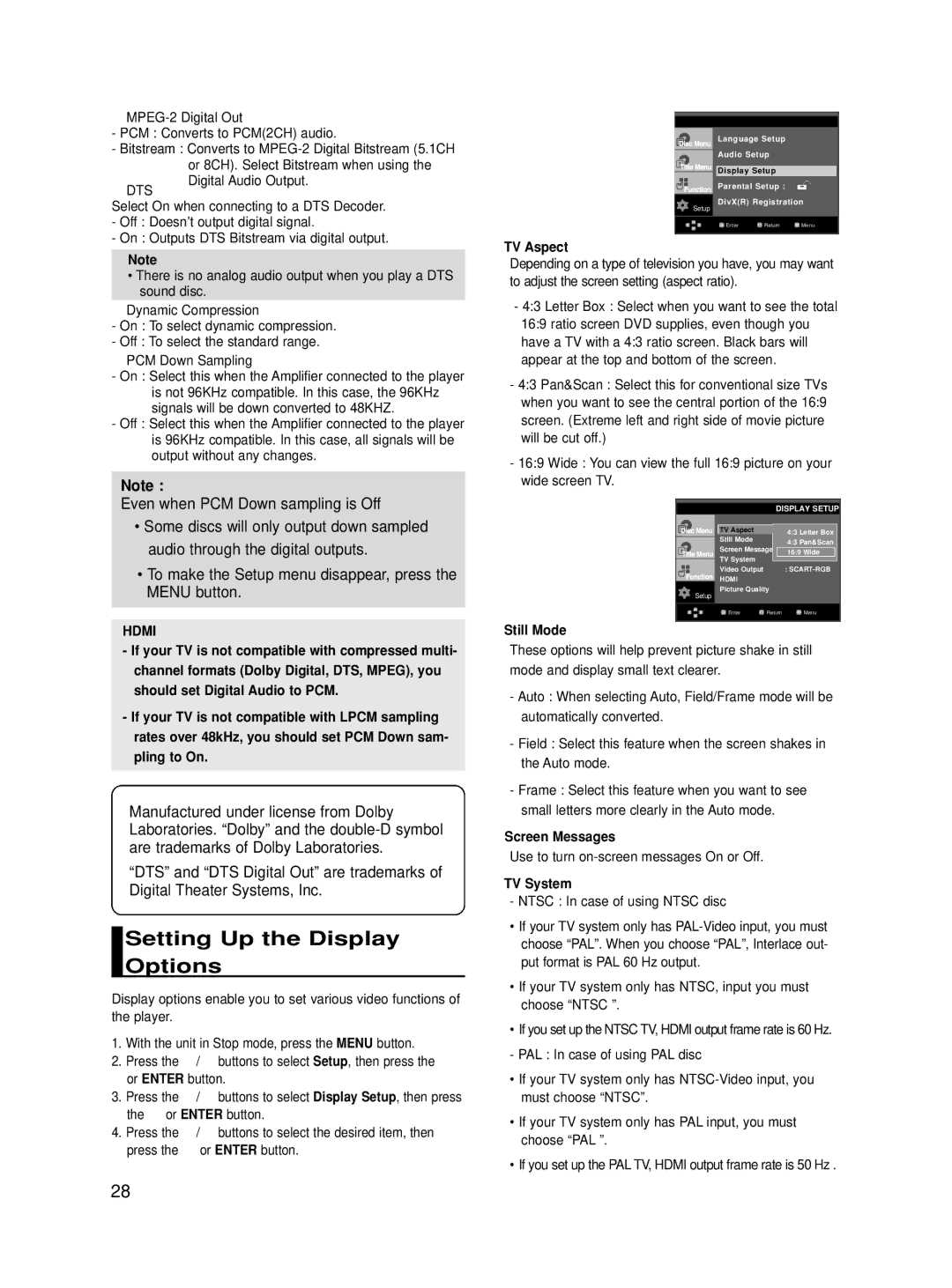 Samsung DVD-HD860/FOU, DVD-HD860/XEG manual Setting Up the Display Options, Even when PCM Down sampling is Off, Hdmi 