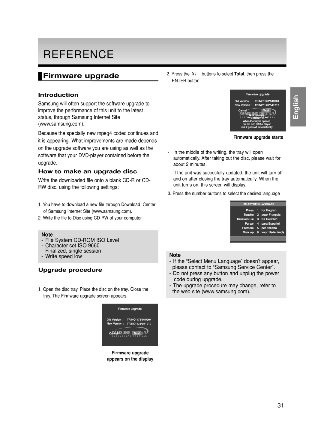 Samsung DVD-HD860/XET manual Reference, Firmware upgrade, Introduction, How to make an upgrade disc, Upgrade procedure 