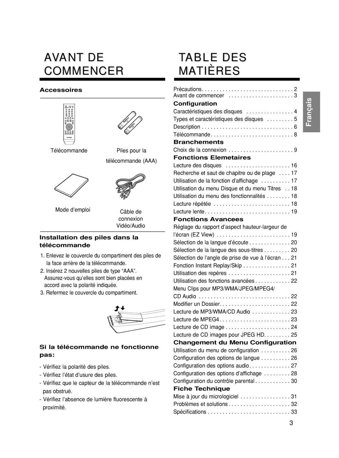 Samsung DVD-HD860/XET, DVD-HD860/XEG, DVD-HD860/XEL, DVD-HD860/XEC, DVD-HD860/FOU manual Avant DE Commencer, Table DES Matières 