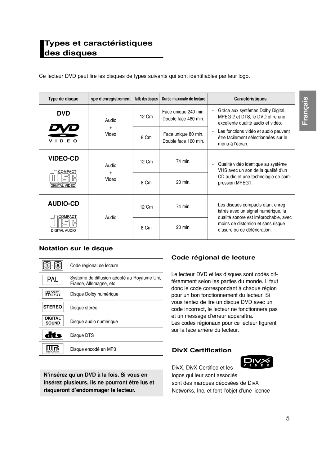 Samsung DVD-HD860/XEC manual Types et caractéristiques des disques, Notation sur le dsque, Code régional de lecture 