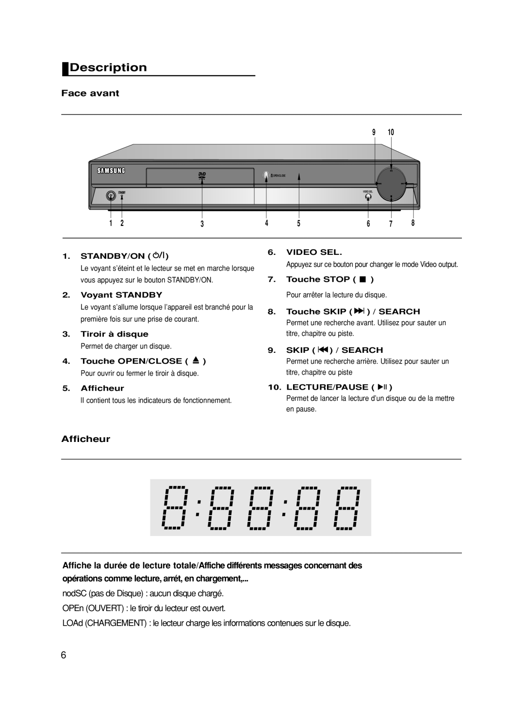 Samsung DVD-HD860/FOU manual Face avant, Voyant Standby, LI contient tous les indicateurs de fonctionnement, Lecture/Pause 