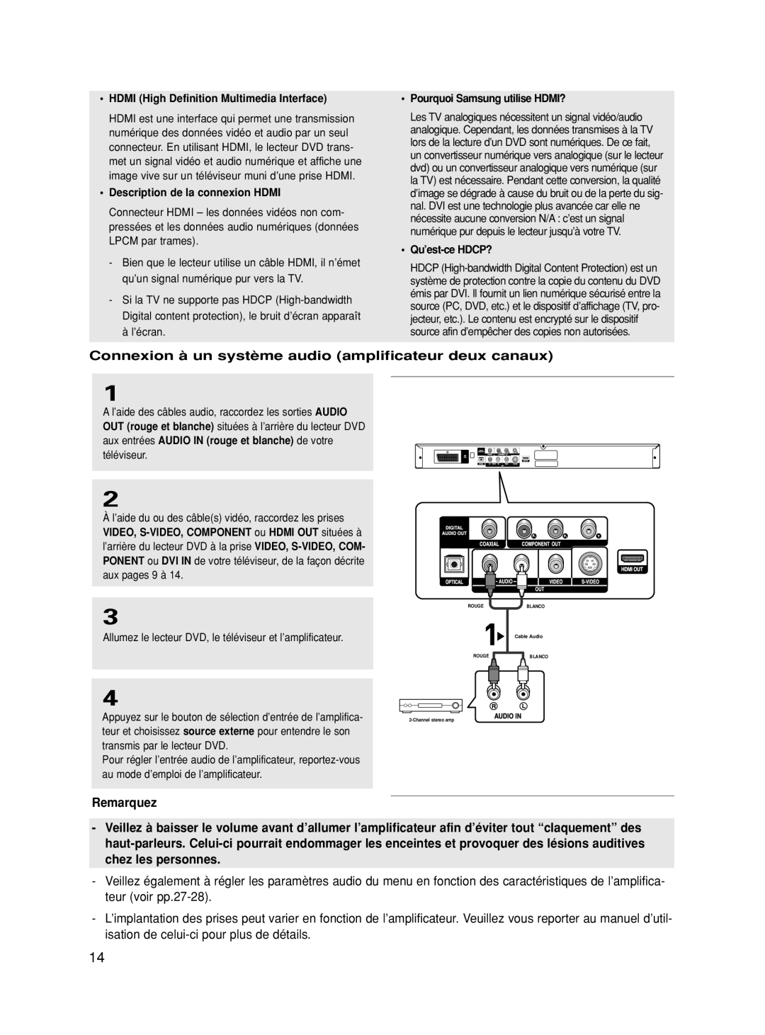 Samsung DVD-HD860/XEG manual Connexion à un système audio amplificateur deux canaux, Description de la connexion Hdmi 