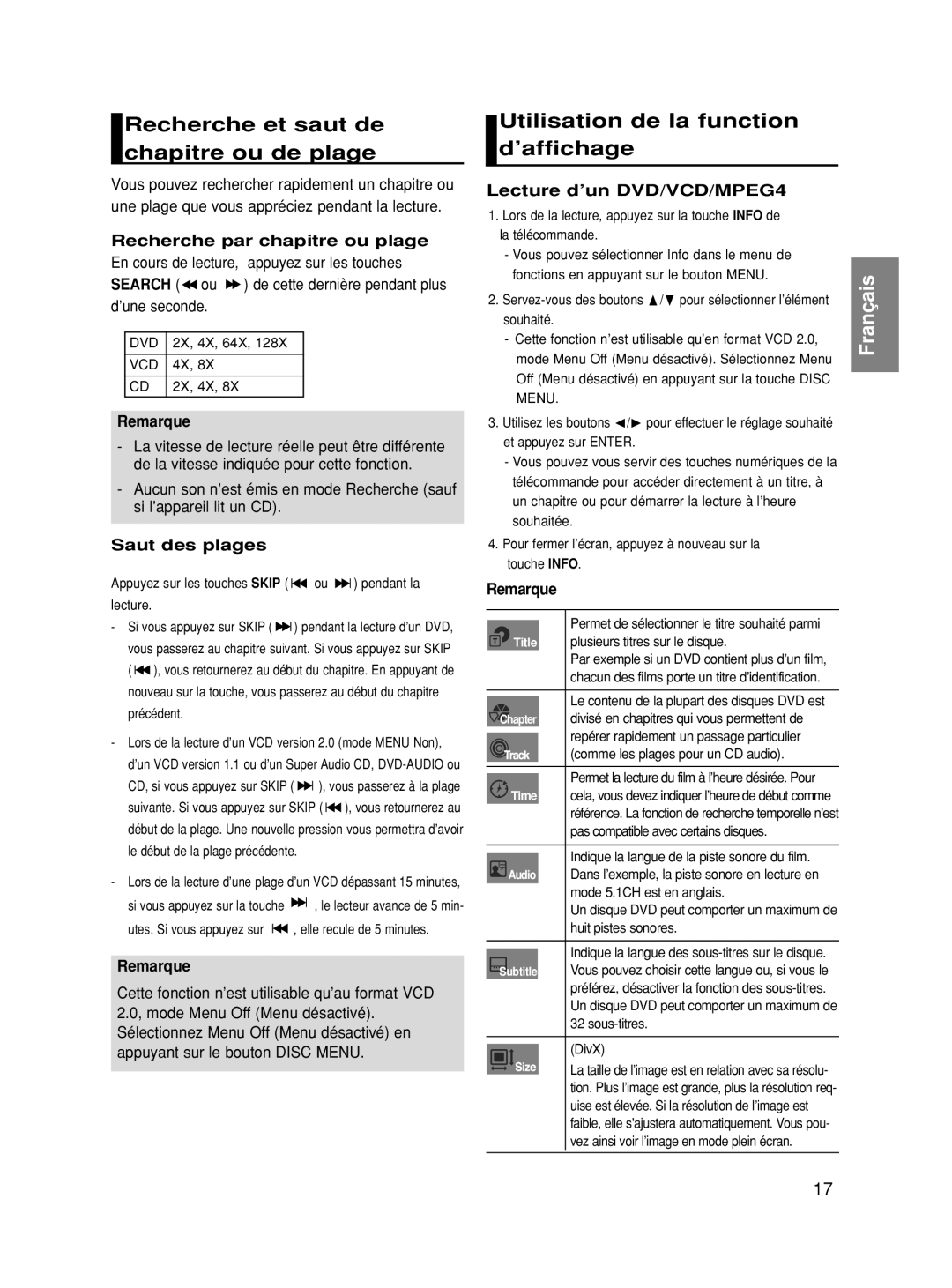 Samsung DVD-HD860/XEC Recherche et saut de chapitre ou de plage, Utilisation de la function d’affichage, Saut des plages 