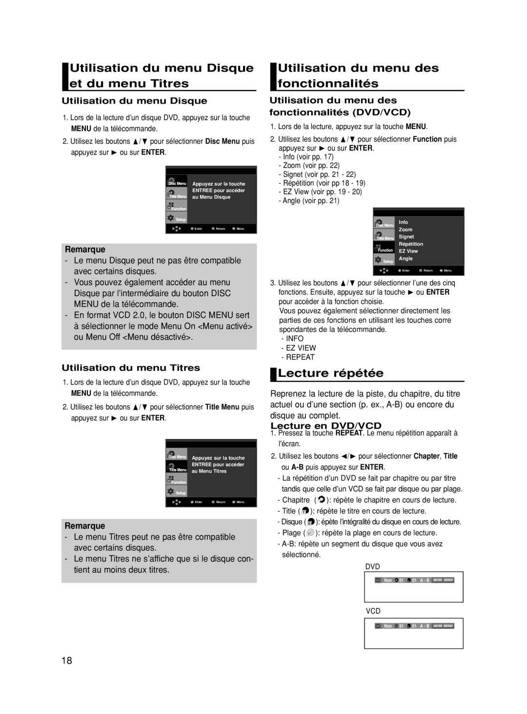 Samsung DVD-HD860/FOU, DVD-HD860/XEG Utilisation du menu Disque et du menu Titres, Utilisation du menu des fonctionnalités 