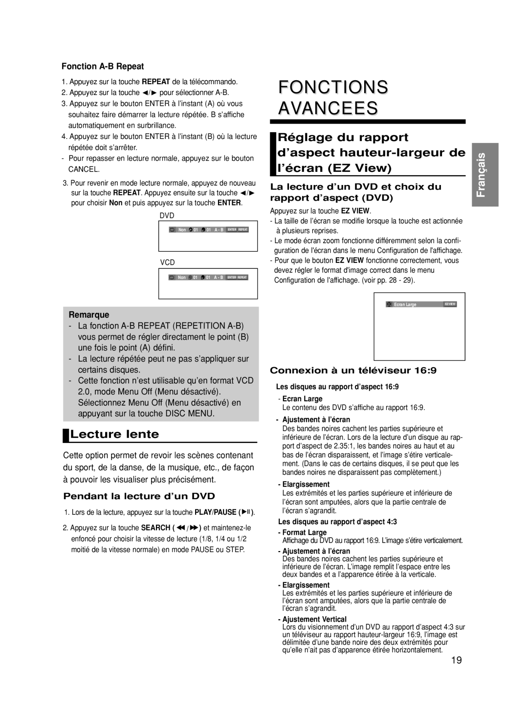 Samsung DVD-HD860/XEH Fonctions Avancees, Lecture lente, Réglage du rapport ’aspect hauteur-largeur de, ’écran EZ View 