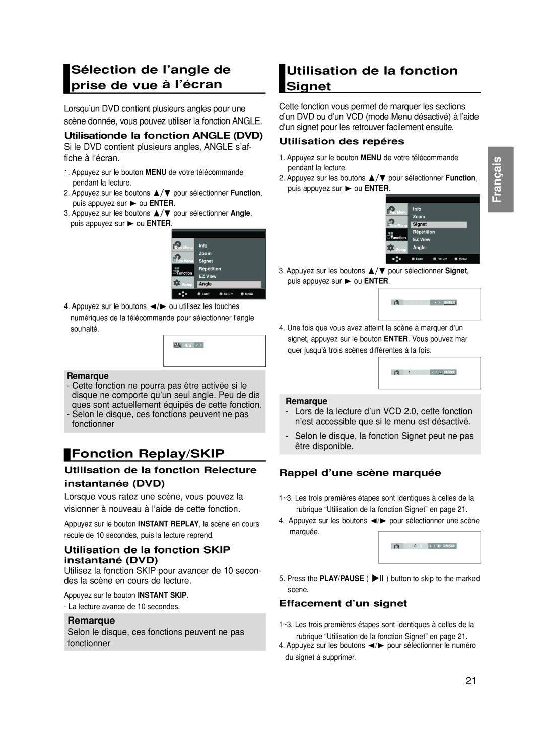 Samsung DVD-HD860/XET, DVD-HD860/XEG, DVD-HD860/XEL Sélection de l’angle de prise de vue à l’écran, Fonction Replay/SKIP 