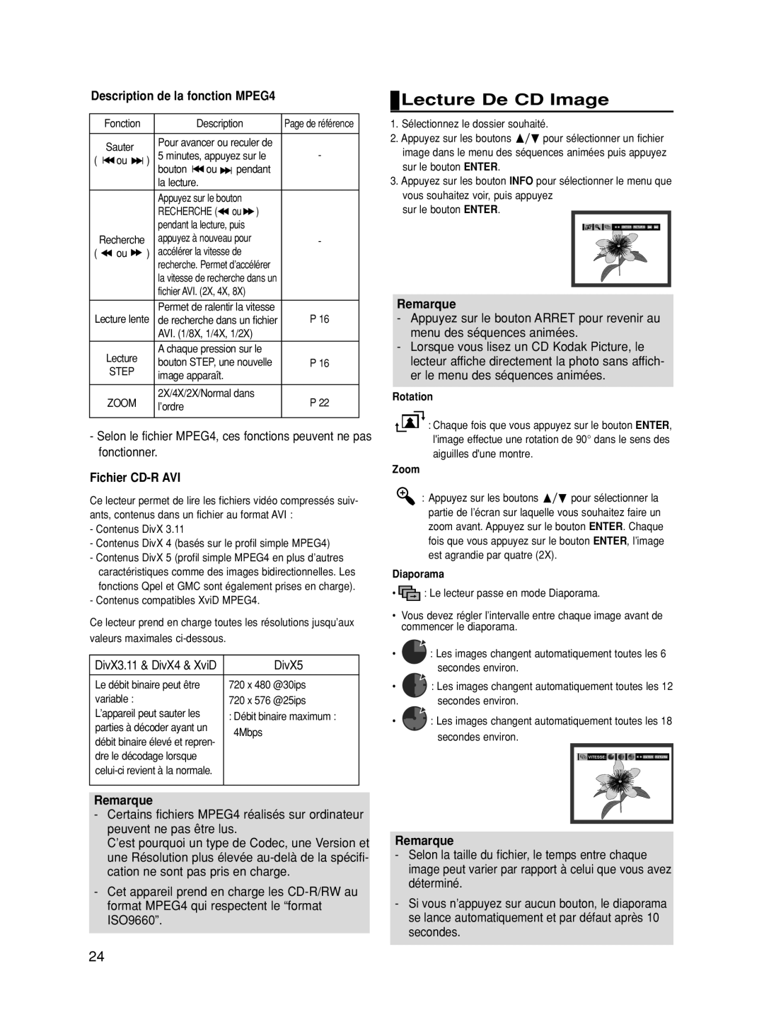 Samsung DVD-HD860/FOU, DVD-HD860/XEG Lecture De CD Image, Description de la fonction MPEG4, Fichier CD-R AVI, Diaporama 