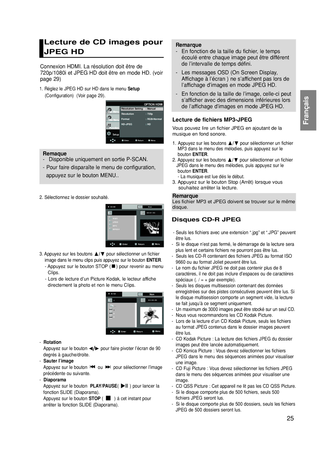 Samsung DVD-HD860/XEH manual Lecture de CD images pour, Remaque, Disponible uniquement en sortie P-SCAN, Disques CD-R Jpeg 