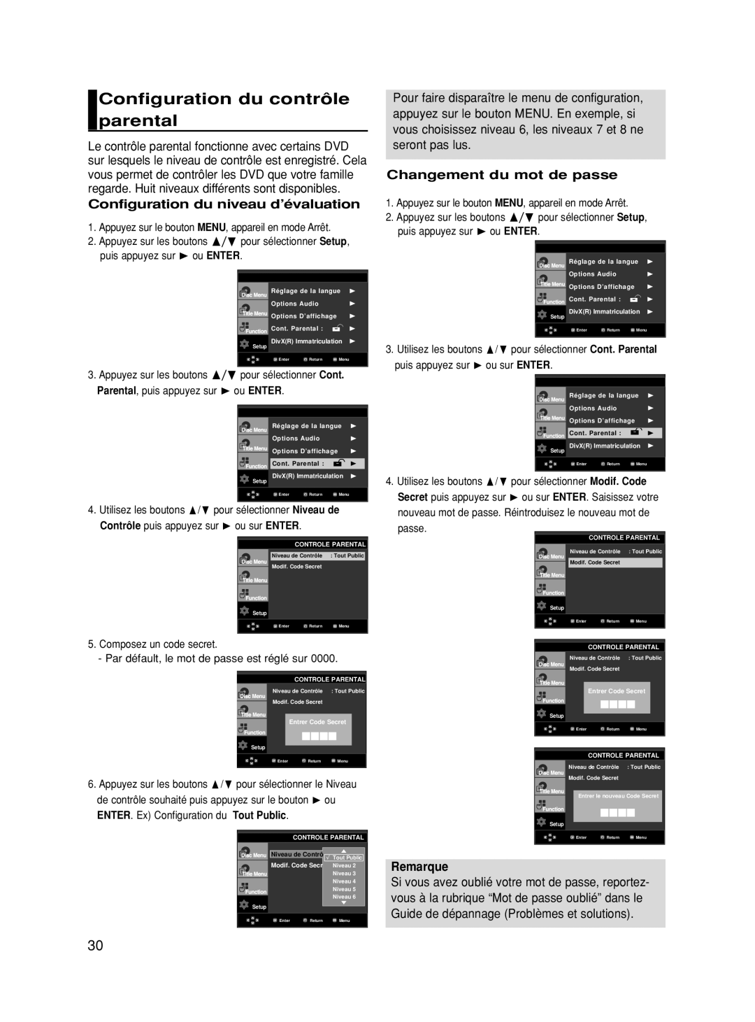 Samsung DVD-HD860/FOU Configuration du contrôle parental, Configuration du niveau d’évaluation, Changement du mot de passe 