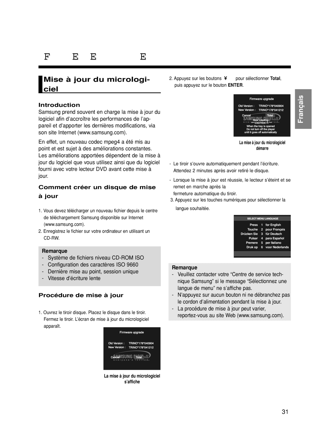 Samsung DVD-HD860/XEH, DVD-HD860/XEG Fiche Technique, Mise à jour du micrologi- ciel, Comment créer un disque de mise Jour 