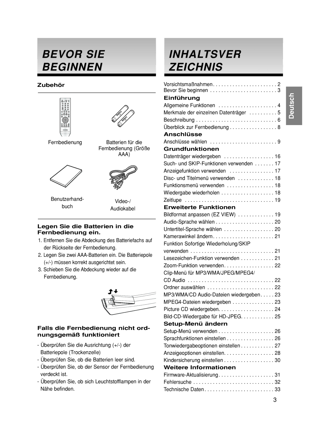 Samsung DVD-HD860/XEL, DVD-HD860/XEG, DVD-HD860/XET, DVD-HD860/XEC, DVD-HD860/FOU Bevor SIE Beginnen, Inhaltsver Zeichnis 