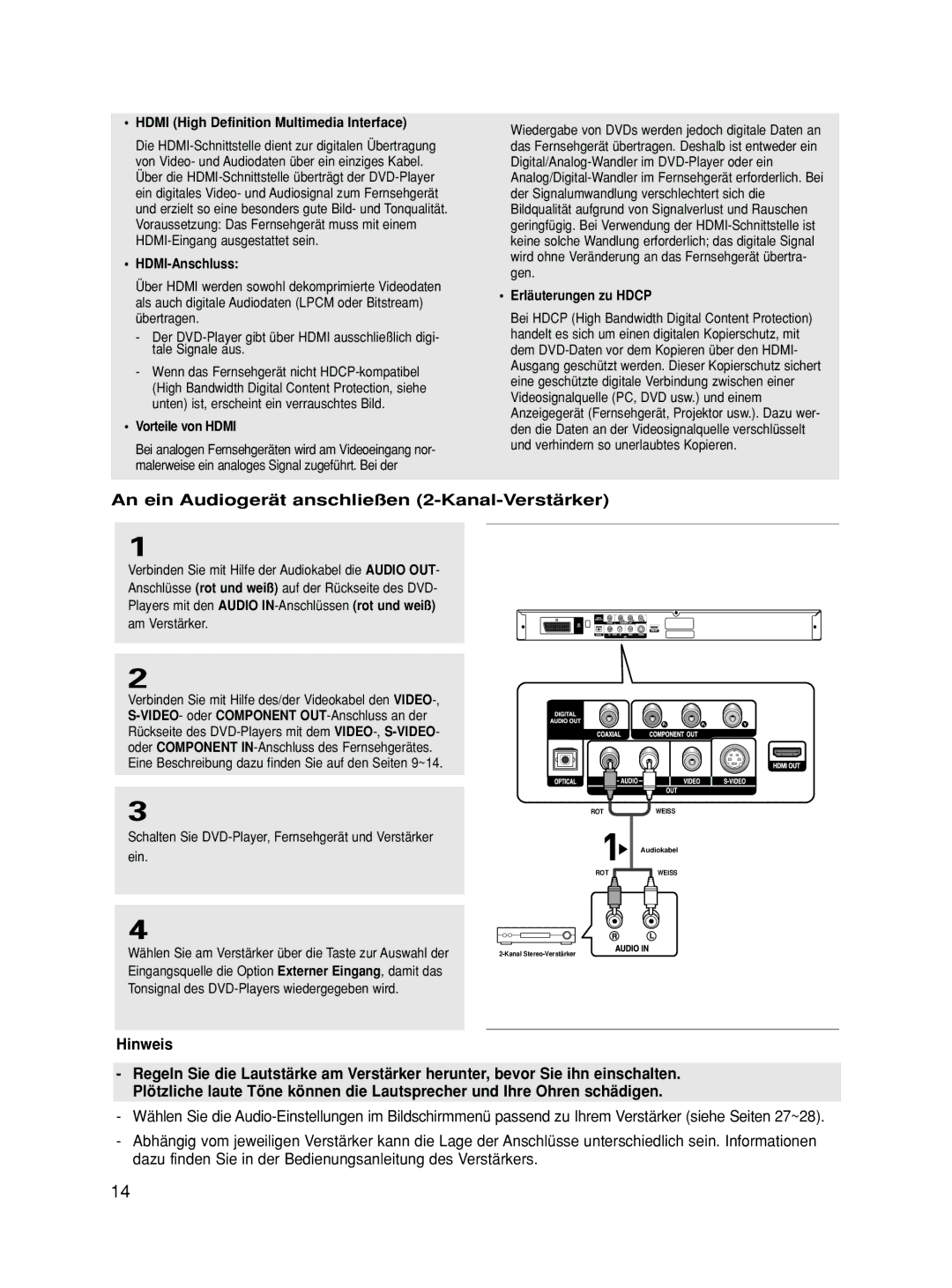 Samsung DVD-HD860/XET, DVD-HD860/XEG An ein Audiogerät anschließen 2-Kanal-Verstärker, HDMI-Anschluss, Vorteile von Hdmi 