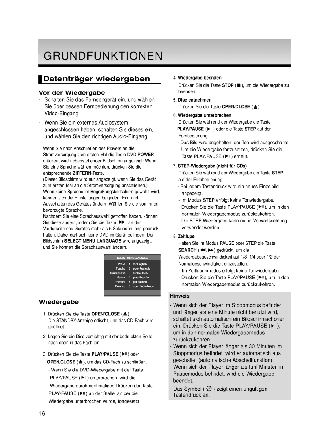 Samsung DVD-HD860/XEC, DVD-HD860/XEG, DVD-HD860/XET manual Grundfunktionen, Datenträger wiedergeben, Vor der Wiedergabe 