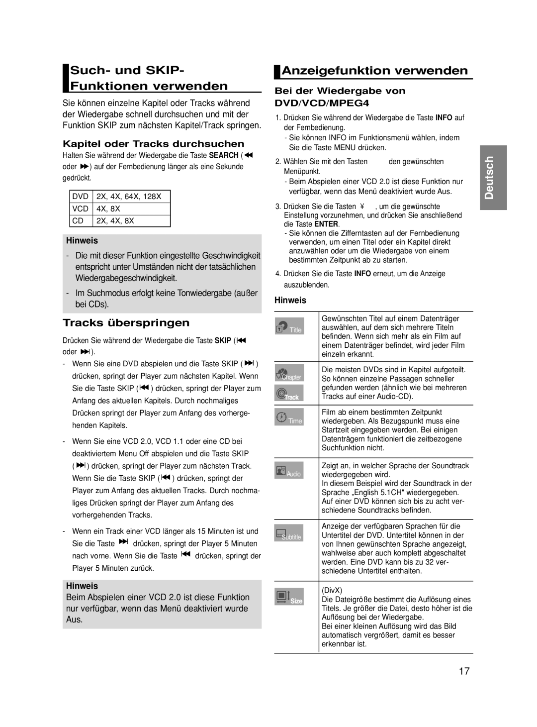 Samsung DVD-HD860/FOU Such- und SKIP- Funktionen verwenden, Anzeigefunktion verwenden, Kapitel oder Tracks durchsuchen 