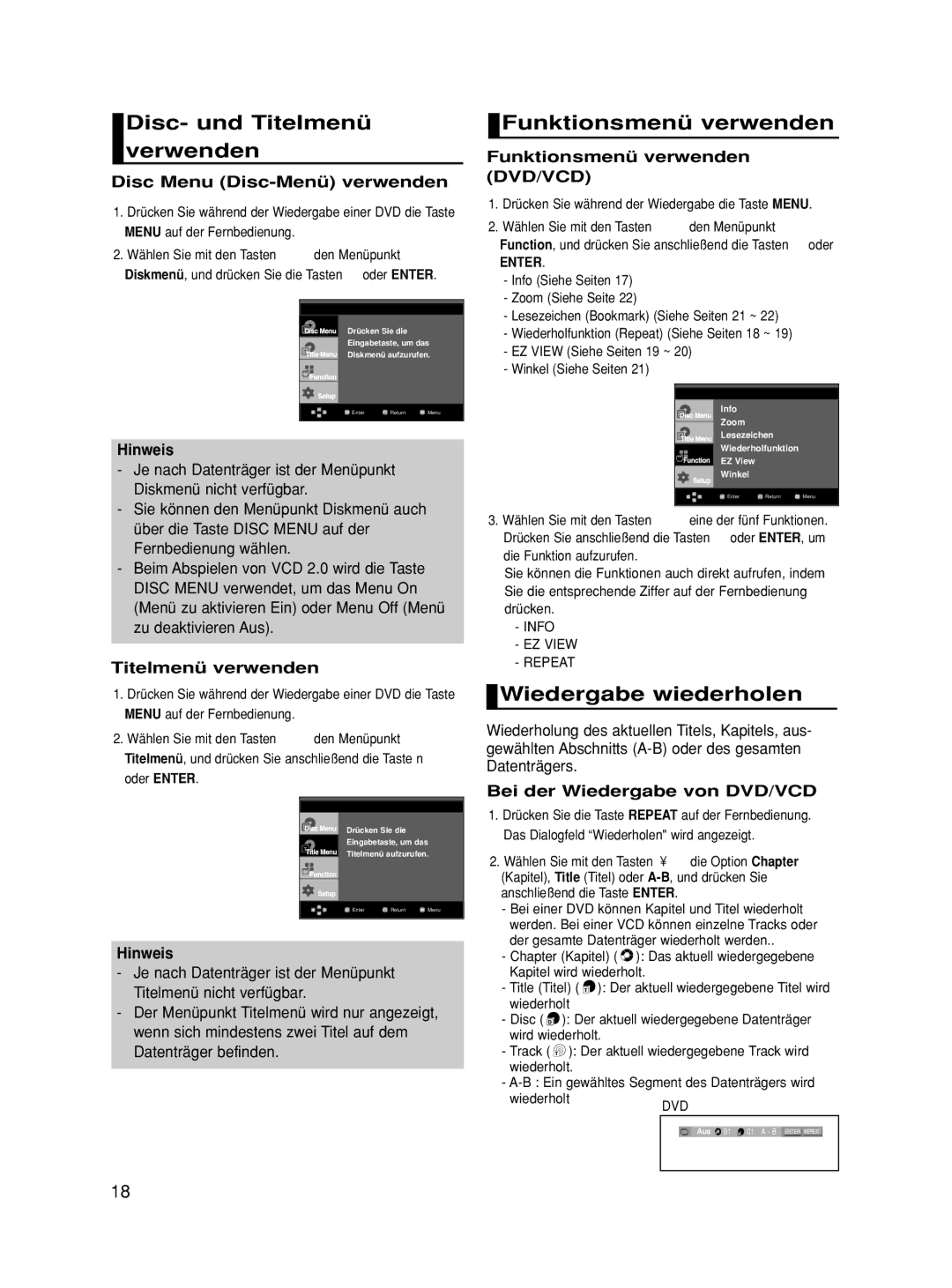 Samsung DVD-HD860/XEH, DVD-HD860/XEG manual Disc- und Titelmenü verwenden, Funktionsmenü verwenden, Wiedergabe wiederholen 