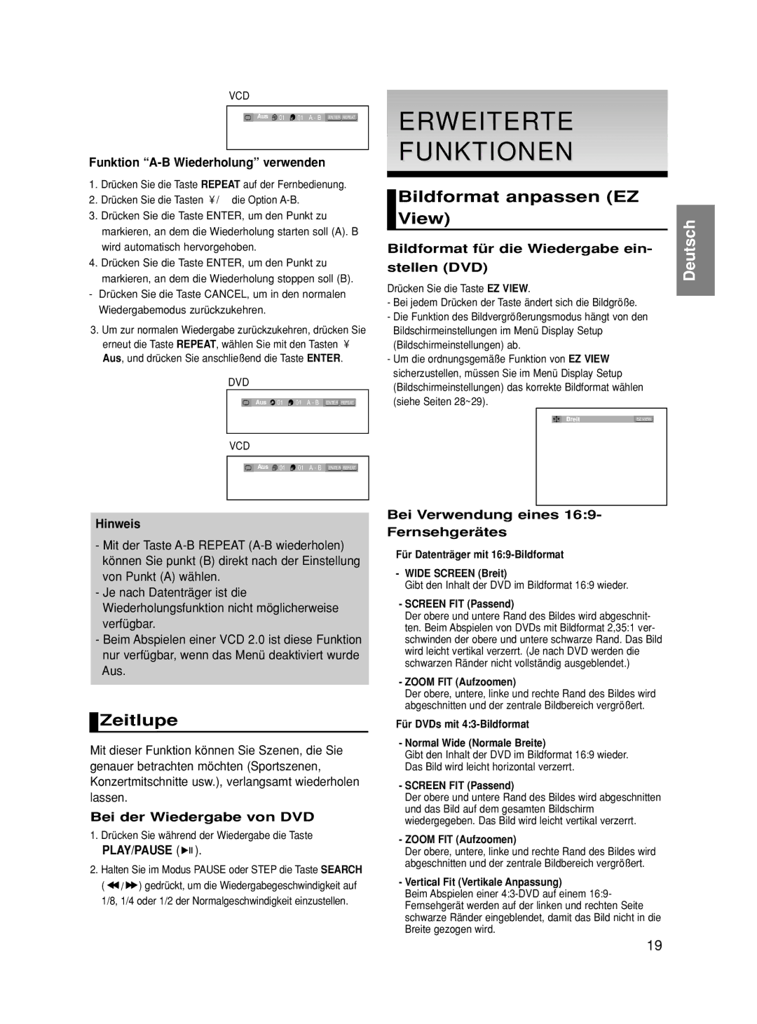 Samsung DVD-HD860/XEG, DVD-HD860/XET, DVD-HD860/XEL manual Erweiterte Funktionen, Zeitlupe, Bildformat anpassen EZ View 