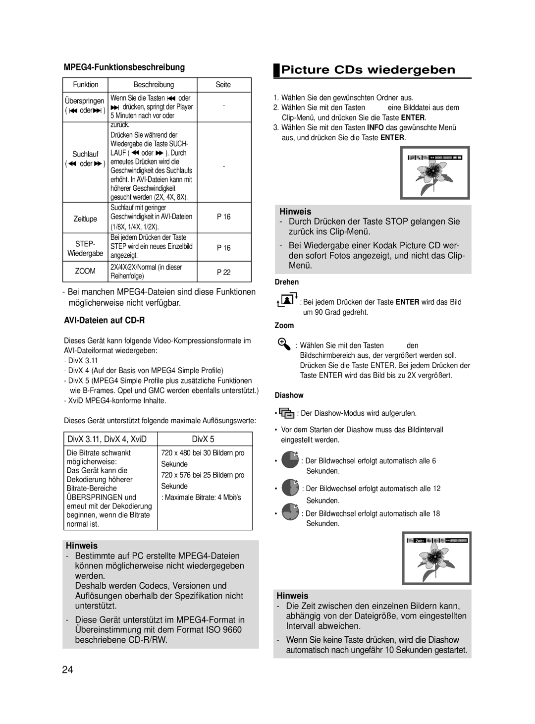 Samsung DVD-HD860/XEH, DVD-HD860/XEG manual Picture CDs wiedergeben, MPEG4-Funktionsbeschreibung, AVI-Dateien auf CD-R, DivX 