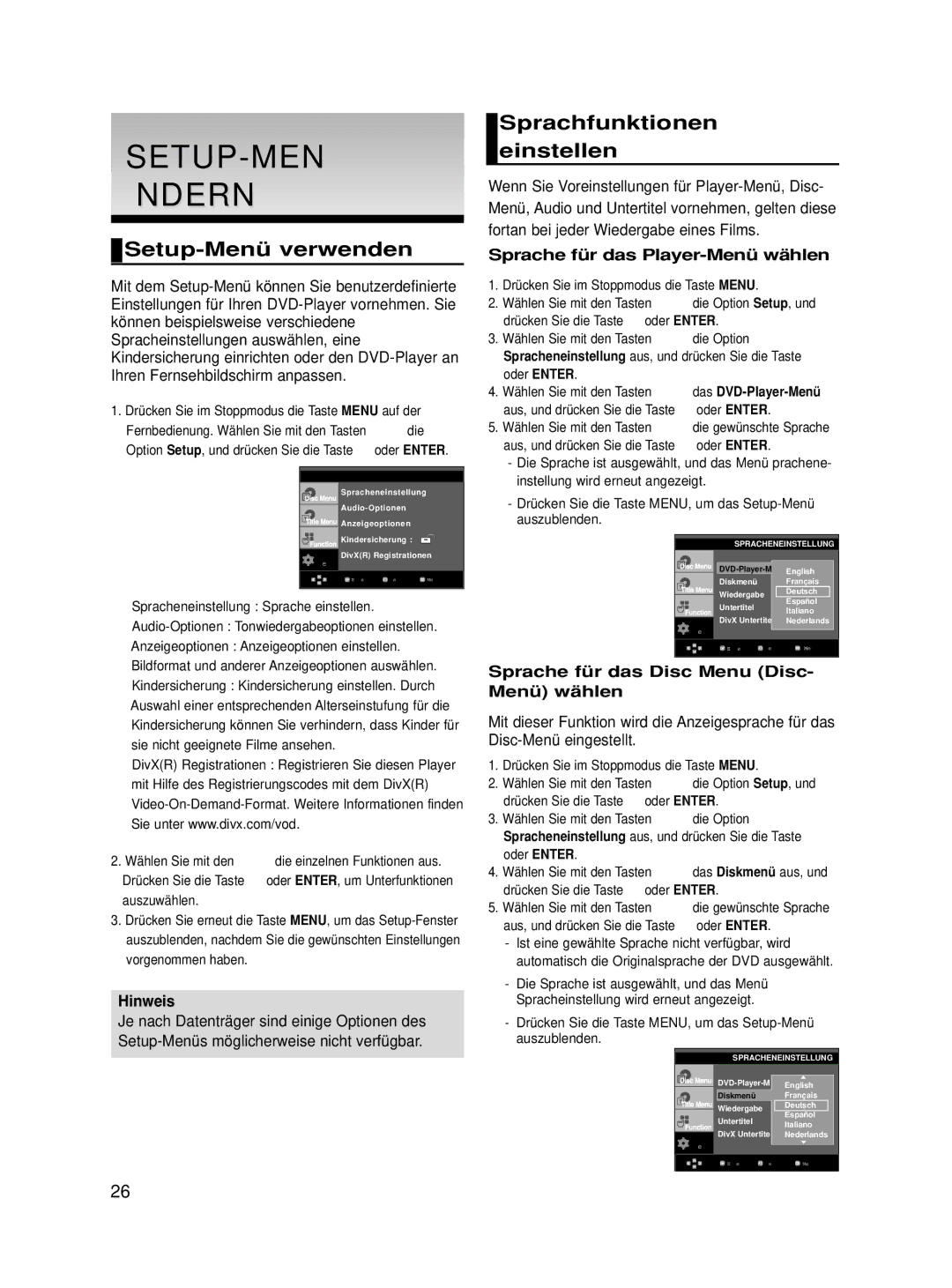 Samsung DVD-HD860/XET, DVD-HD860/XEG, DVD-HD860/XEL SETUP-MENÜ Ändern, Setup-Menü verwenden, Sprachfunktionen einstellen 