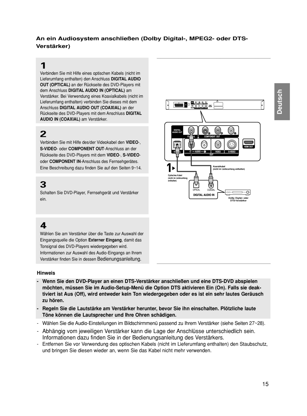 Samsung DVD-HD860/XEG, DVD-HD860/XET, DVD-HD860/XEL manual Schalten Sie DVD-Player, Fernsehgerät und Verstärker ein 