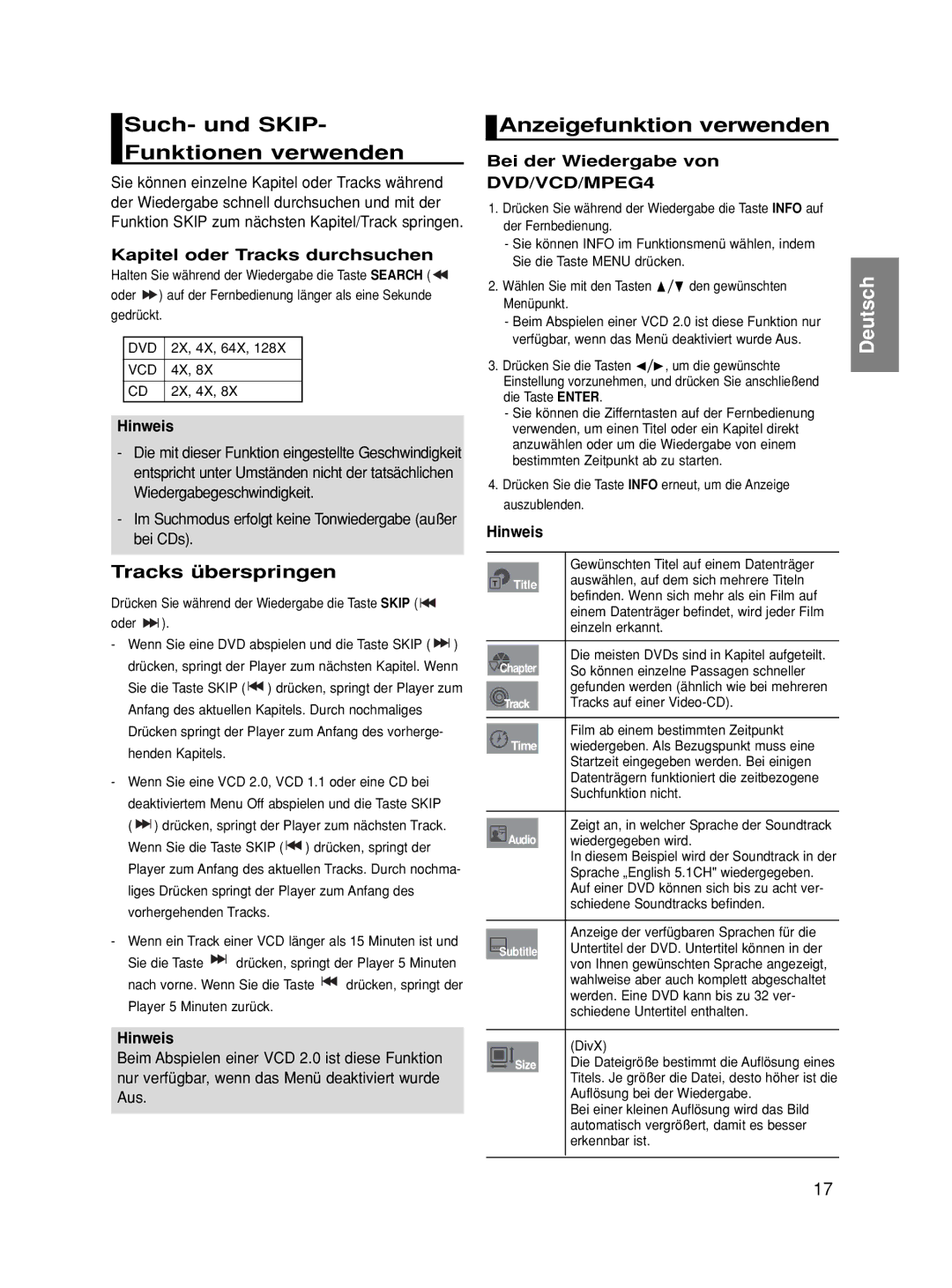 Samsung DVD-HD860/XEL Such- und SKIP- Funktionen verwenden, Anzeigefunktion verwenden, Kapitel oder Tracks durchsuchen 