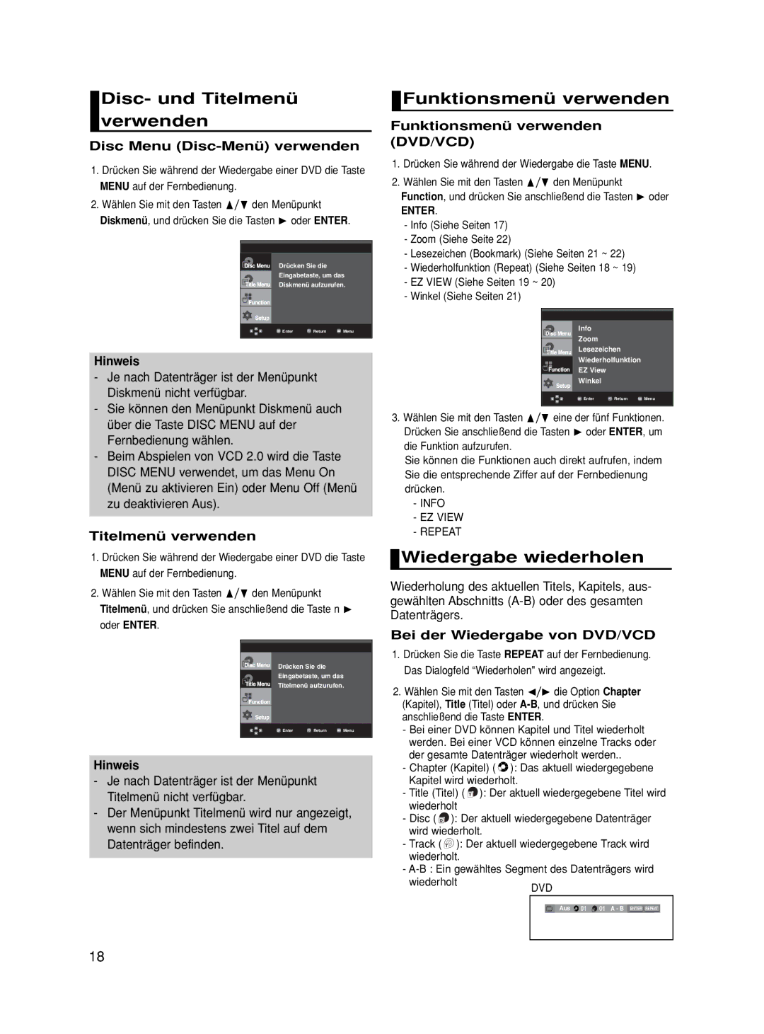 Samsung DVD-HD860/XEG, DVD-HD860/XET manual Disc- und Titelmenü verwenden, Funktionsmenü verwenden, Wiedergabe wiederholen 