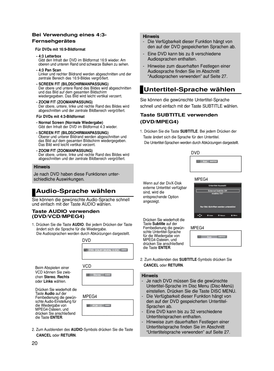 Samsung DVD-HD860/XEL manual Untertitel-Sprache wählen, Audio-Sprache wählen, Bei Verwendung eines 43- Fernsehgerätes 