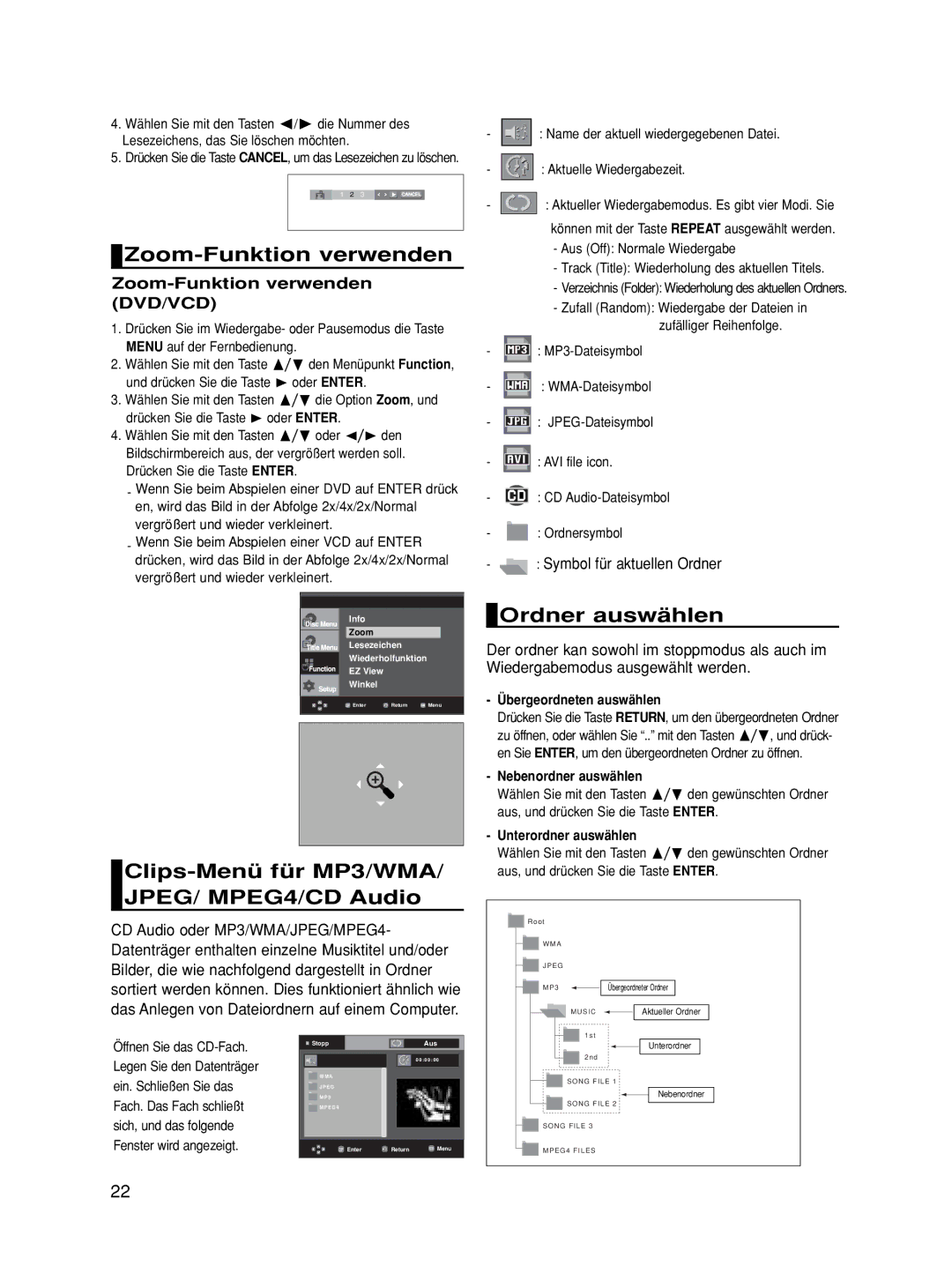 Samsung DVD-HD860/XET manual Zoom-Funktion verwenden, Clips-Menü für MP3/WMA/ JPEG/ MPEG4/CD Audio, Ordner auswählen 