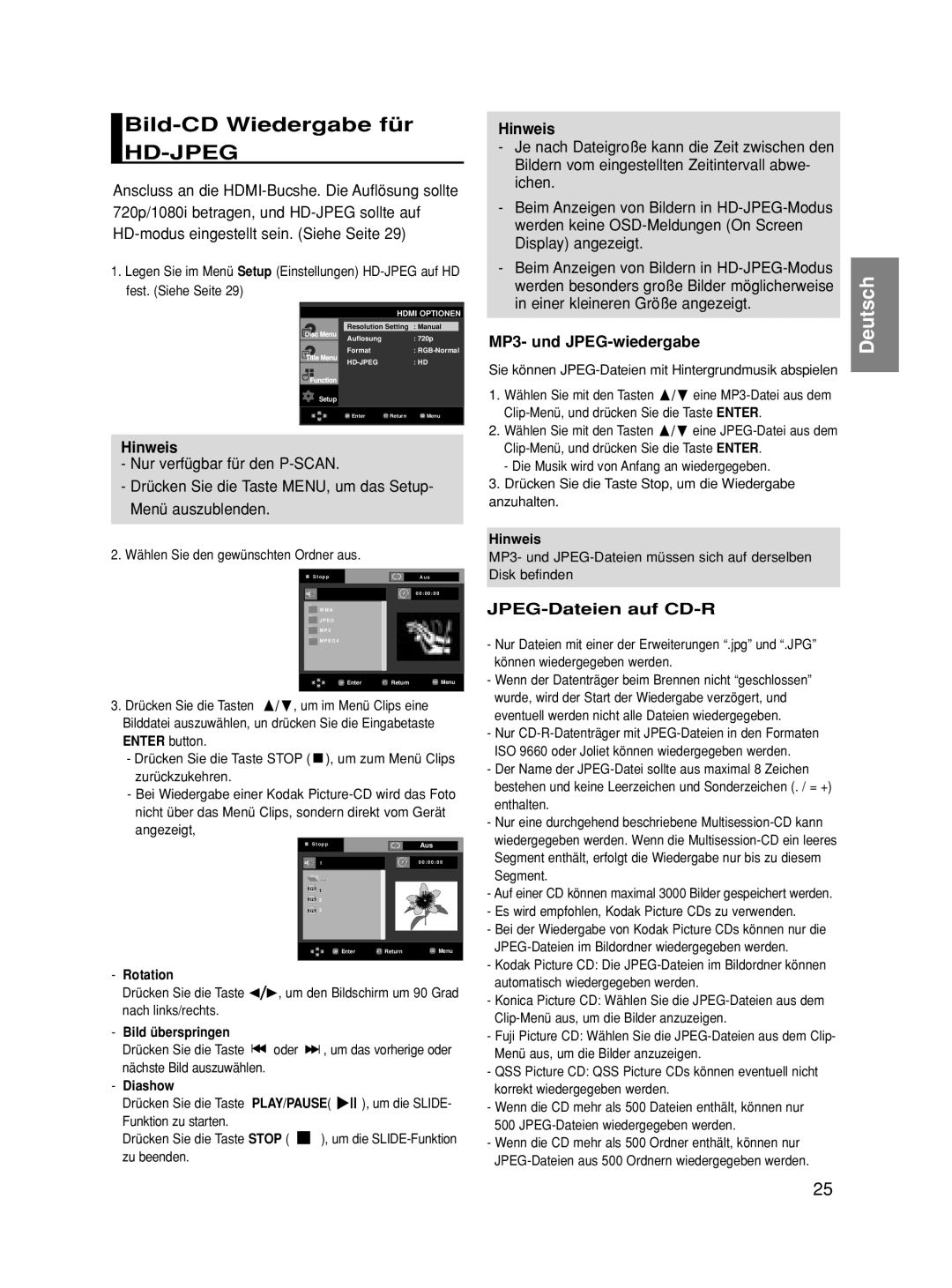 Samsung DVD-HD860/XET, DVD-HD860/XEG, DVD-HD860/XEL Bild-CD Wiedergabe für, MP3- und JPEG-wiedergabe, JPEG-Dateien auf CD-R 